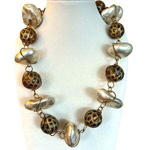 Vintage Abra Pearl and Carved Resin Bead Wrapped in Wire Chunky Necklace